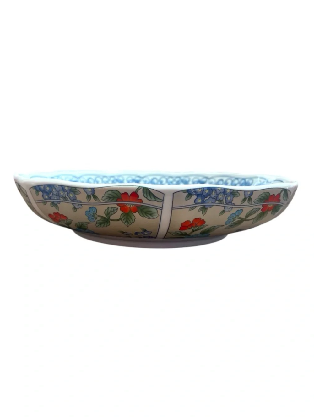Set of 3 Chinoiserie Asian Floral Ceramic Bowls Blue White x2 Pasta x1 Cereal